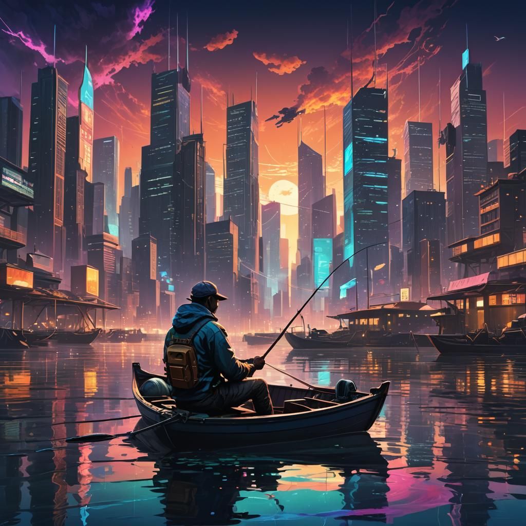 Fisherman Contemplates Cyberpunk Cityscape: Dark Fantasy Art