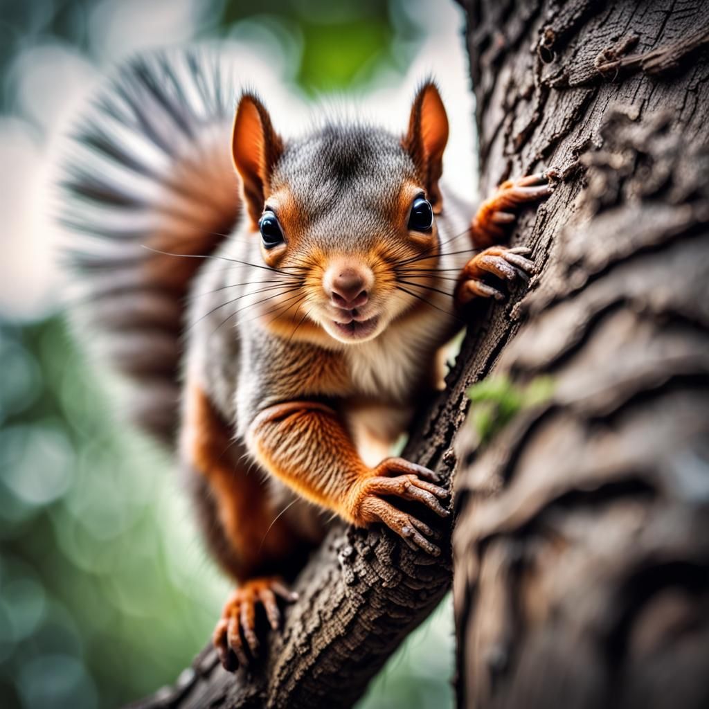 Cyberpunk Baby Squirrel Portrait on Tree Branch