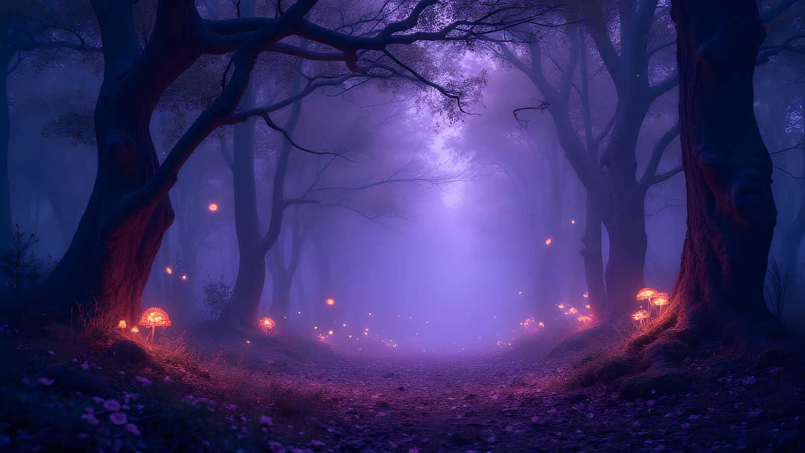Whimsical Forest Night Scene with Fireflies and Lavender Hue...