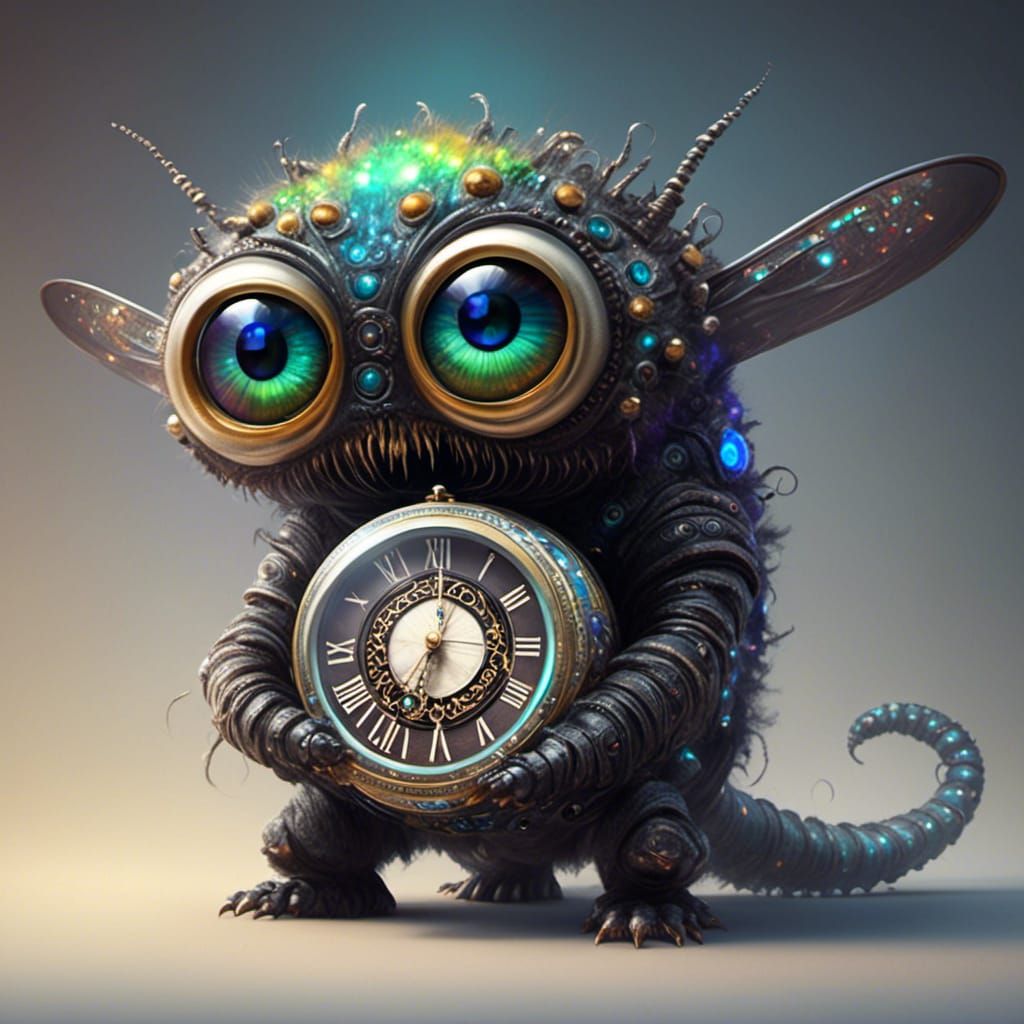Cute Cosmic Creature Holding a Clock