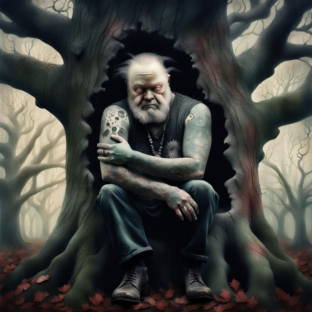 Tattooed Man Hugs Oak Tree in Photorealistic Style