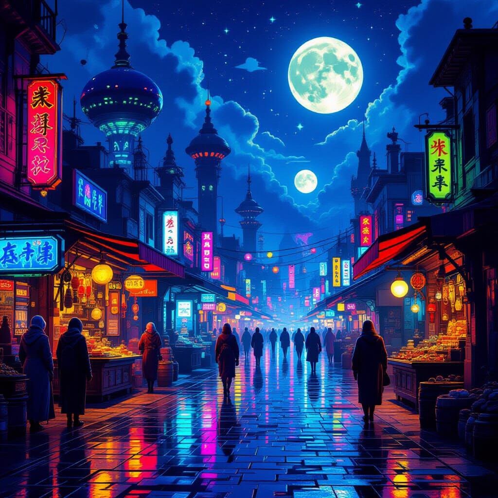 Alien Marketplace at Twilight with Twin Moons