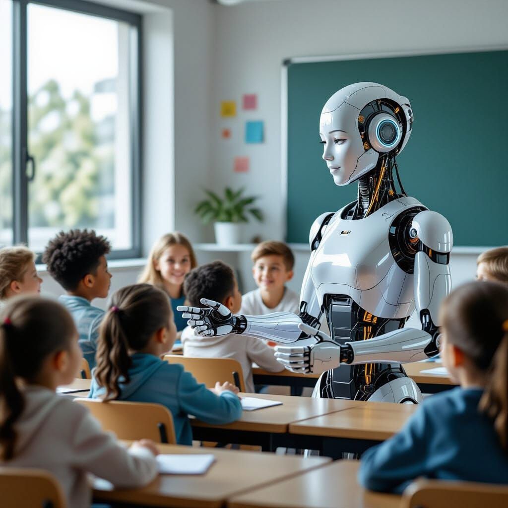 Robot Teacher in Classroom: Hyperrealistic Digital Art