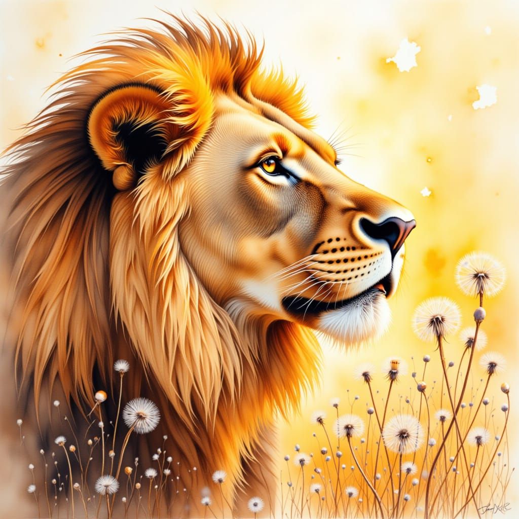 Lion's Mane Dissolving into Dandelion Seeds in Watercolor