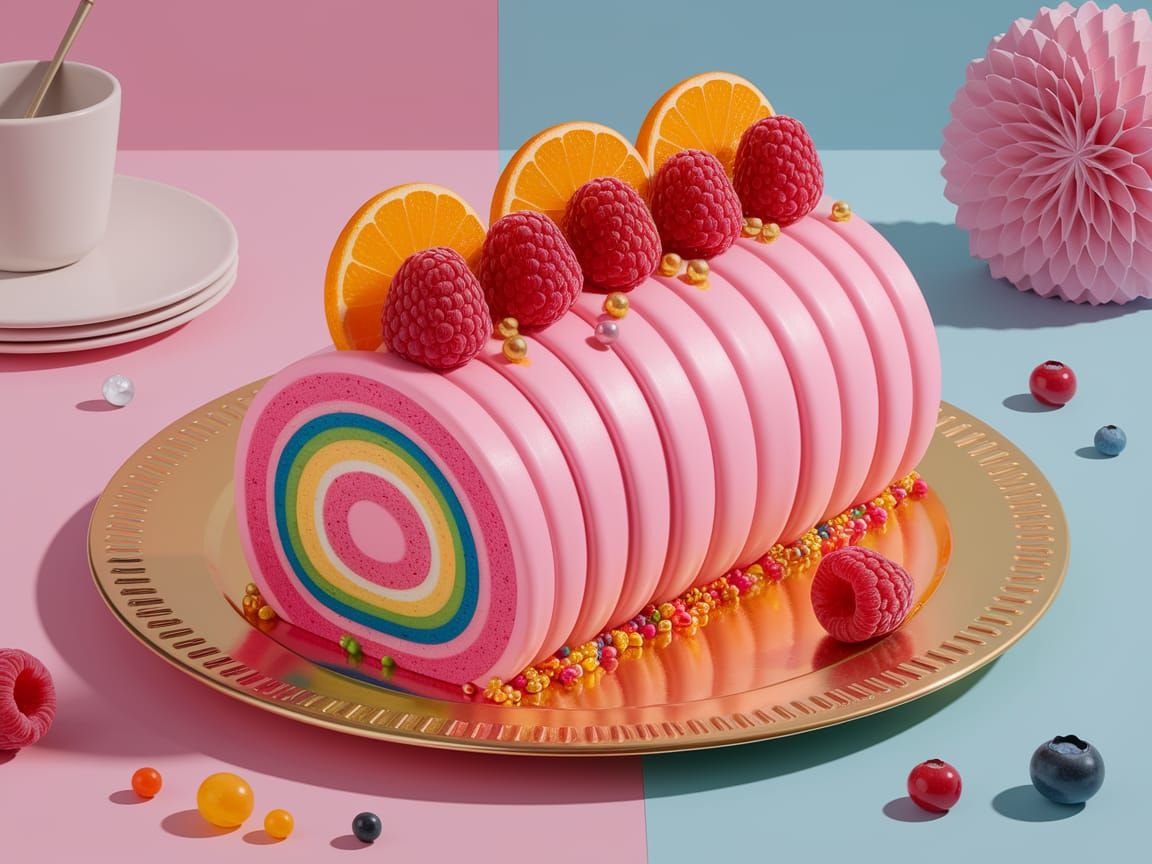 Surreal Rainbow Cake on Pastel Background in Food Photograph...