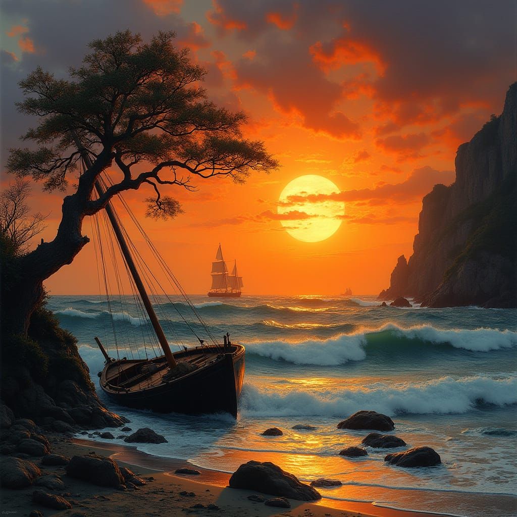 Dramatic Sunset Over Ocean in Romantic Style