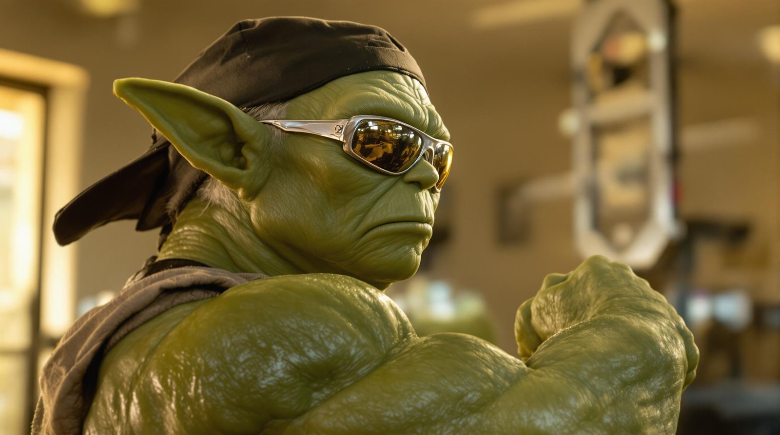 Muscular Yoda Flexes in Gym