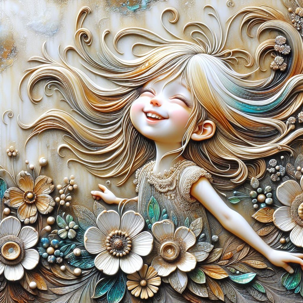 Joyful Girl with Embossed Flowers in Verre Eglomise Style