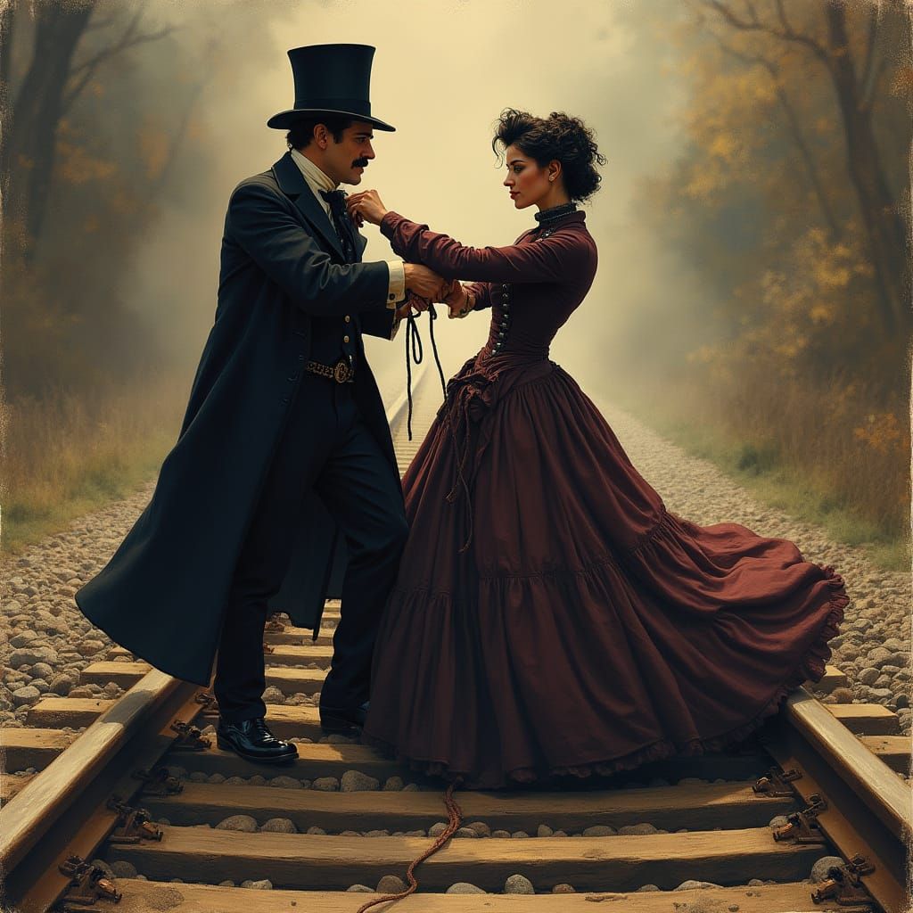 Villain Ties Woman to Tracks in Classic Illustration Style