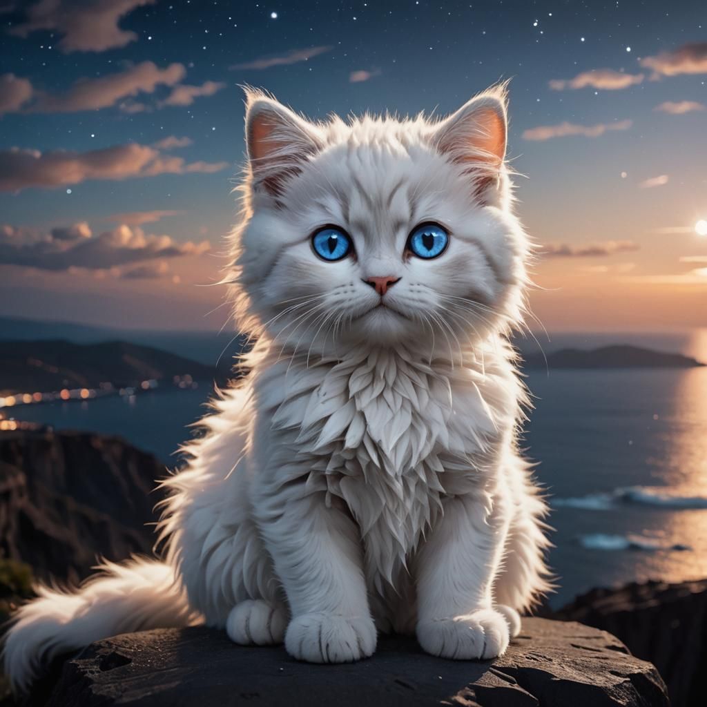 Chibi Cat with Blue Eyes Overlooking Ocean at Night