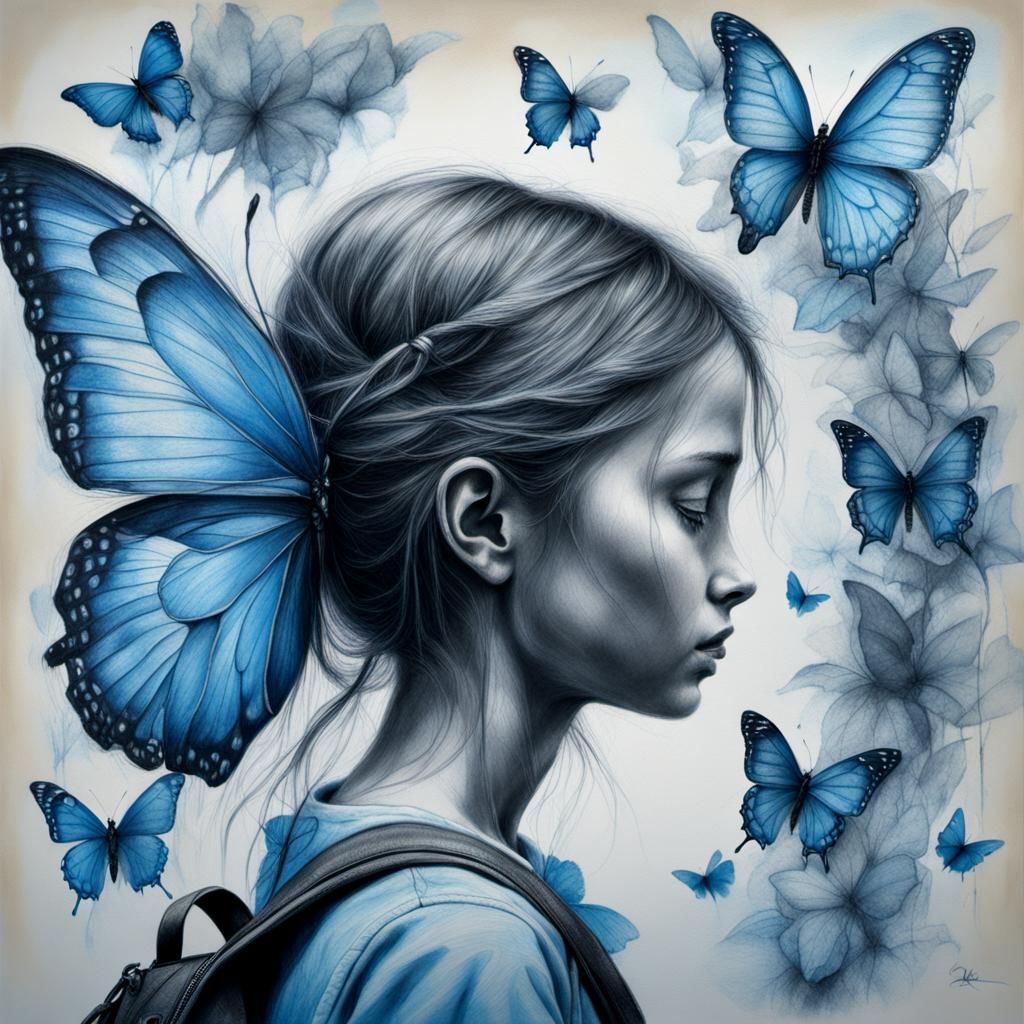 Girl with Blue Butterflies: Charcoal Drawing