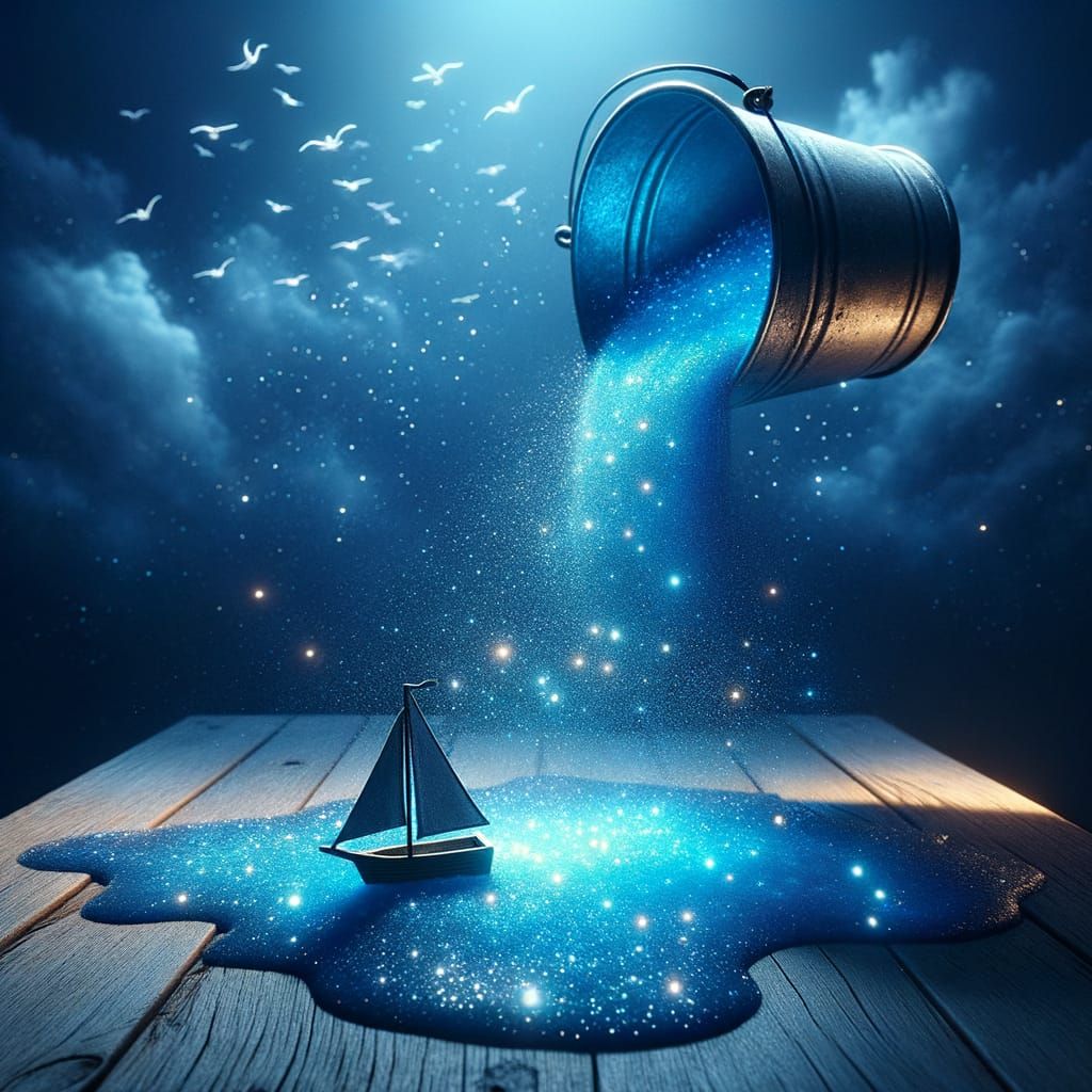 Dreamy Blue Liquid Spill with Floating Sailboat
