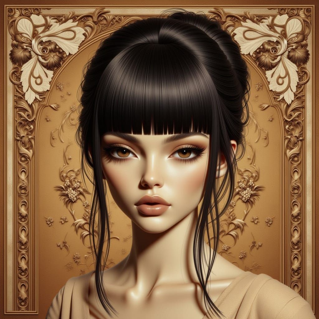 Sophisticated Woman with Blunt Bangs in Art Nouveau Style