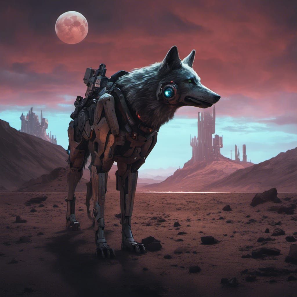Cyborg wolf apocalyptic landscape