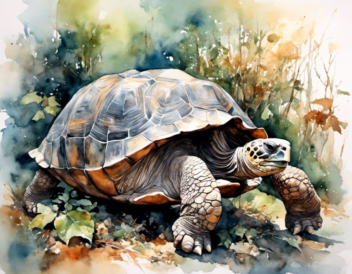 Detailed Watercolor Giant Tortoise on Galapagos