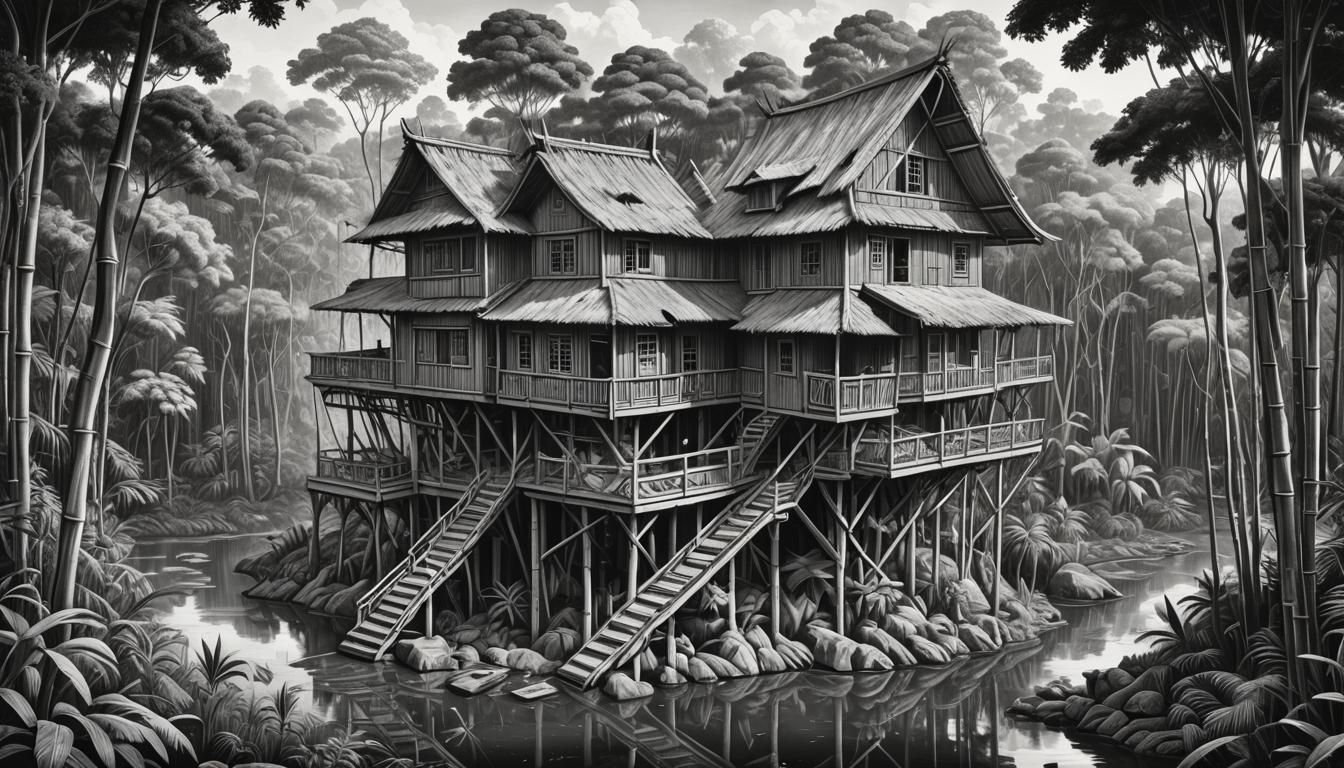 Amazon House in Escher Style: Engraved 3D Render