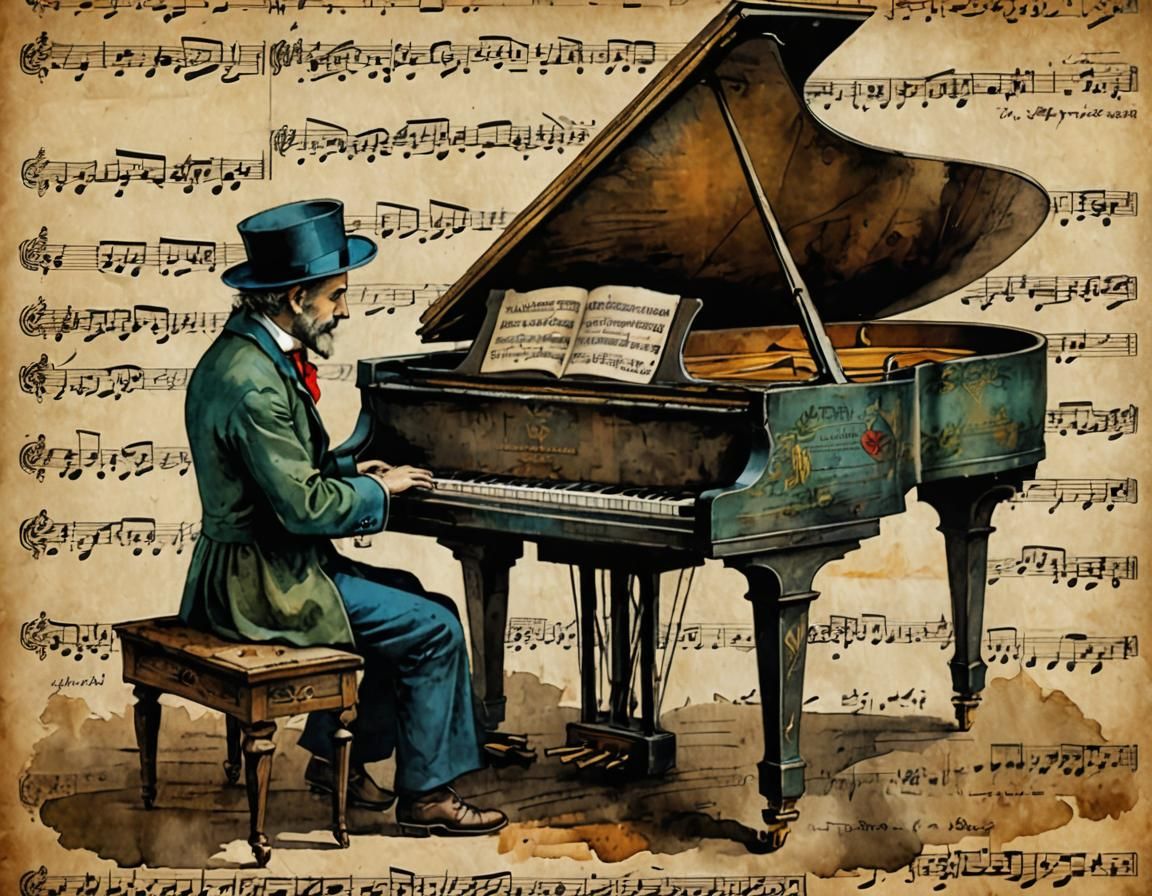 Fairytale Piano Player in Ancient Art Style