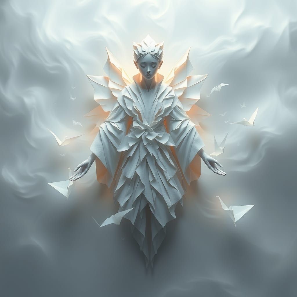 Ethereal Origami Woman in Mist, Minimalist Sculpture