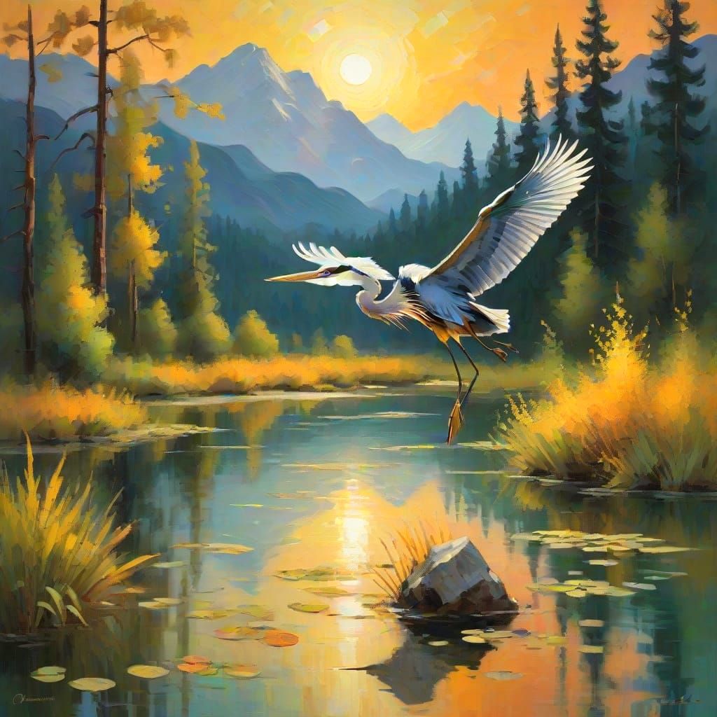 Ethereal Heron Takes Flight in Neo-Impressionist Landscape