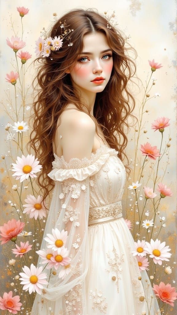 Ethereal Woman in Floral Garden, Art Nouveau Style