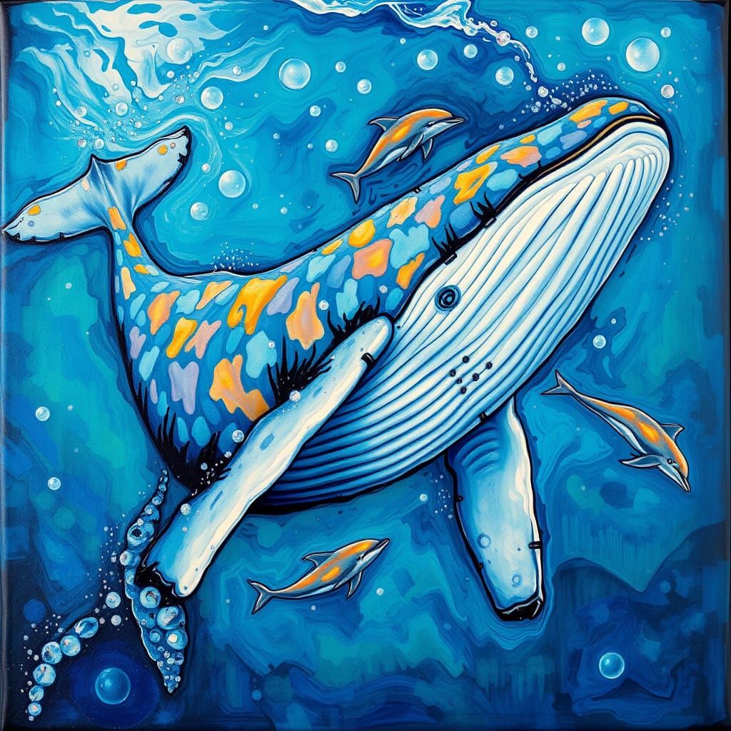 Encaustic Whale with Dolphins in Impasto Painting