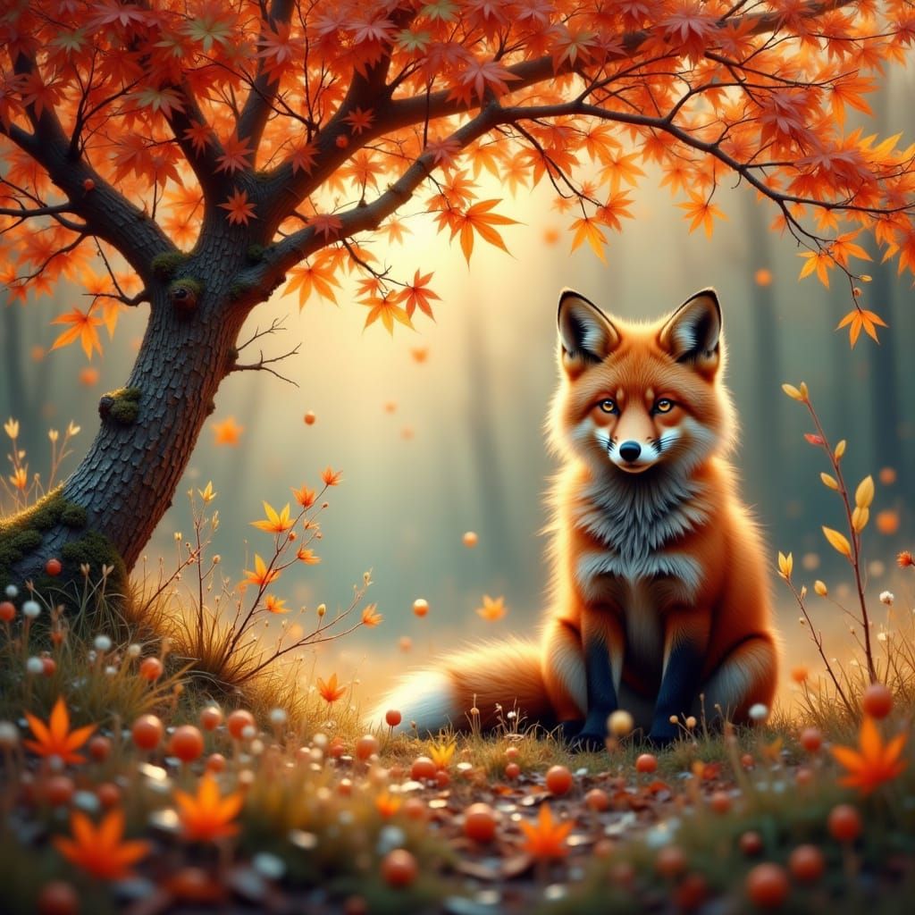 Fox Under Maple Tree in Atmospheric Digital Art