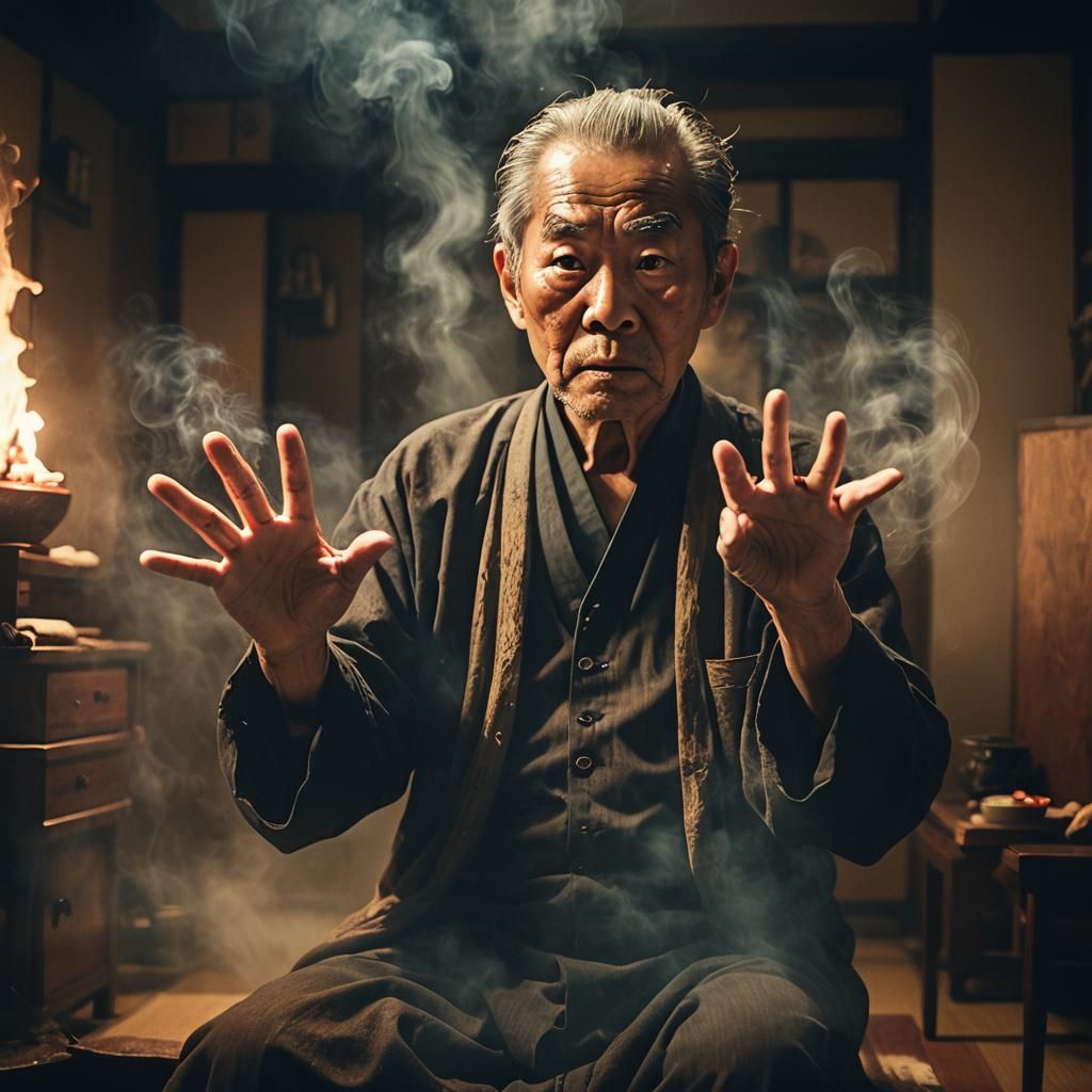 Ominous Cinematic Still: Japanese Man Summoning Demons