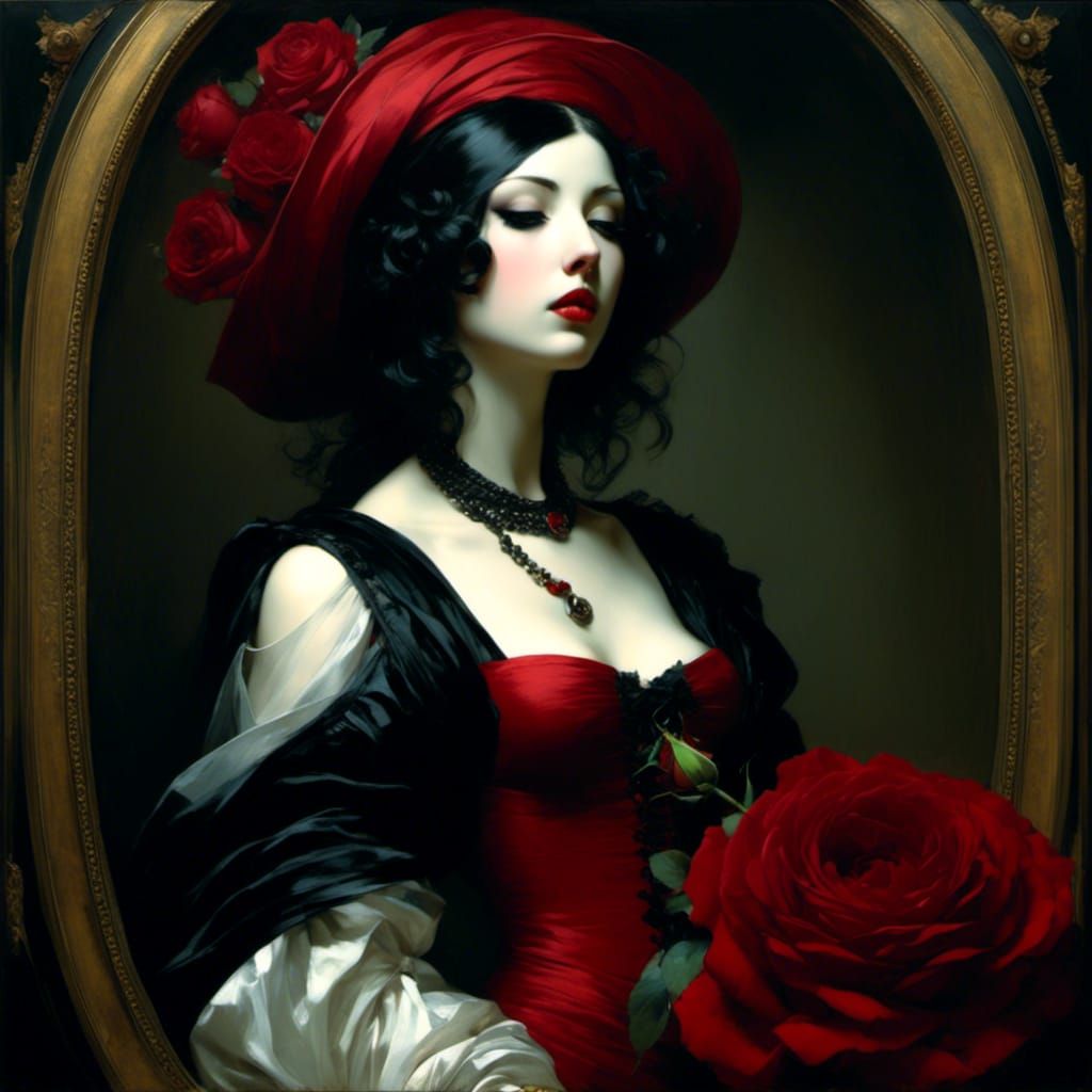 Gothic Punk Girl with Red Rose in Classical Style