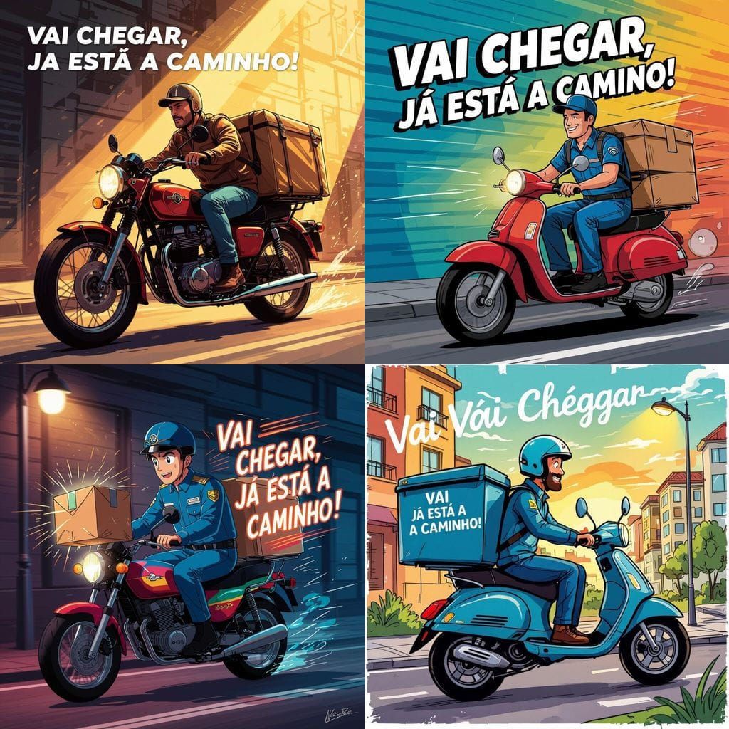 Man Delivering Package on Motorcycle with "VAI CHEGAR" Text