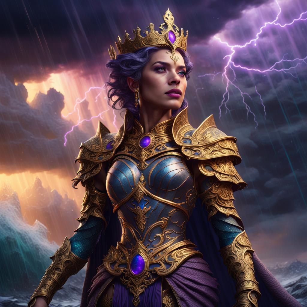 Powerful Queen Amidst a Stormy Fantasy Landscape