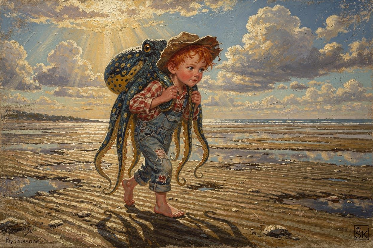 Boy Carries Giant Octopus Across Coastal Landscape