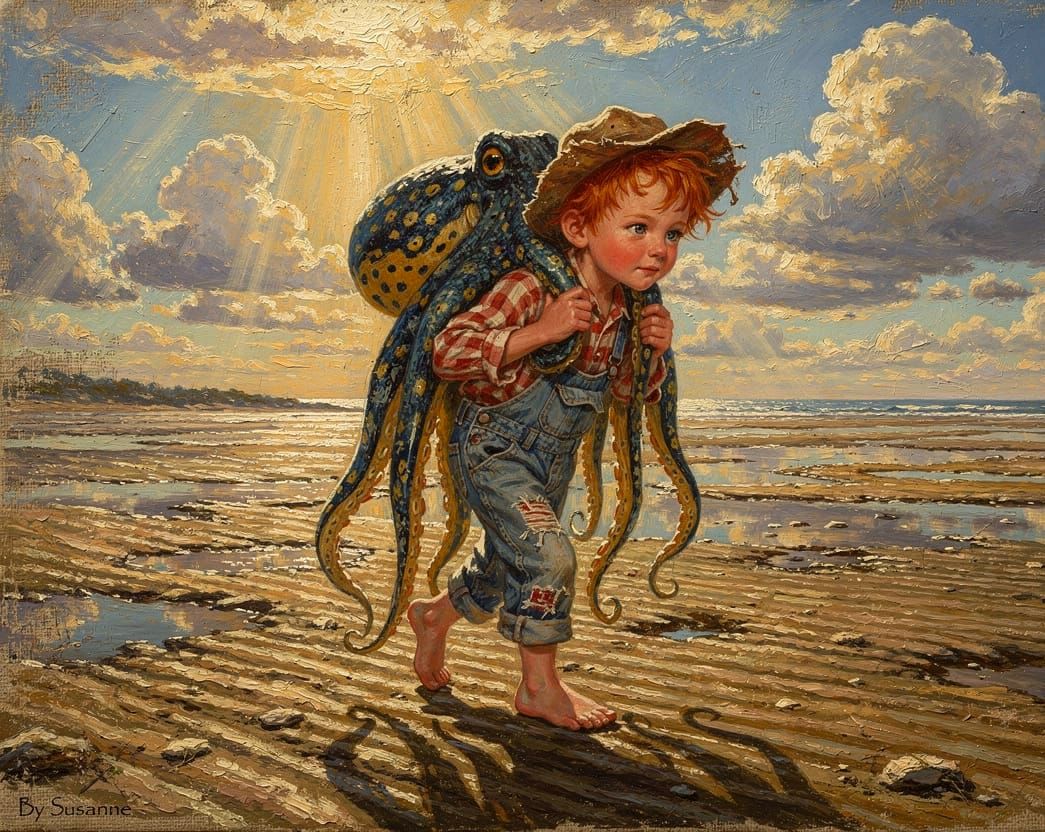 Boy Carries Giant Octopus Across Coastal Landscape