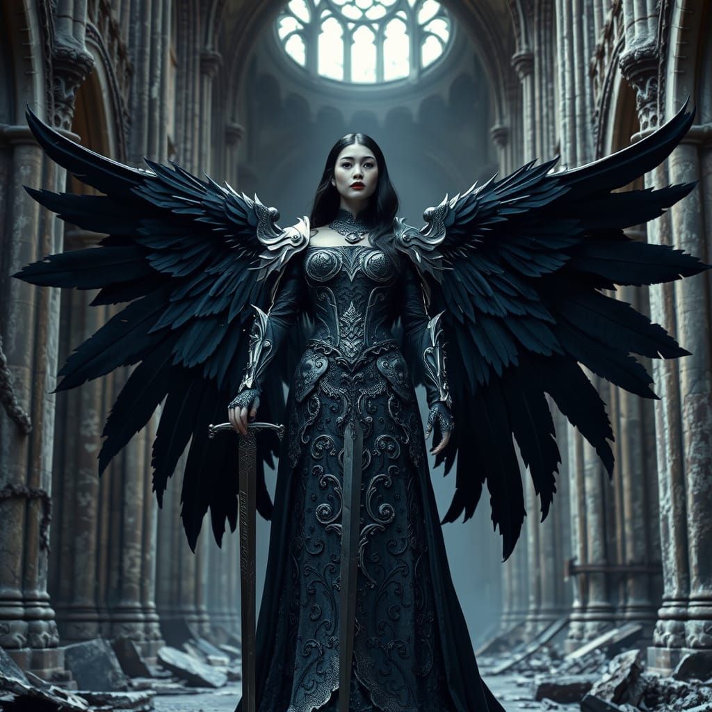 Gothic Angel of Death in Ruins, Dark Fantasy Art