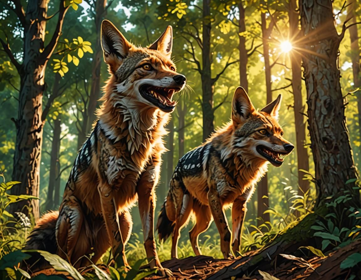 A jackal tries to steal the fox's wife. she laughs.  it's summer. view from below.  Photo-realistic