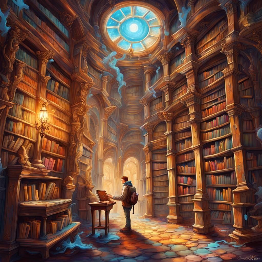 Time Traveler in Graffiti Art Library with Portals