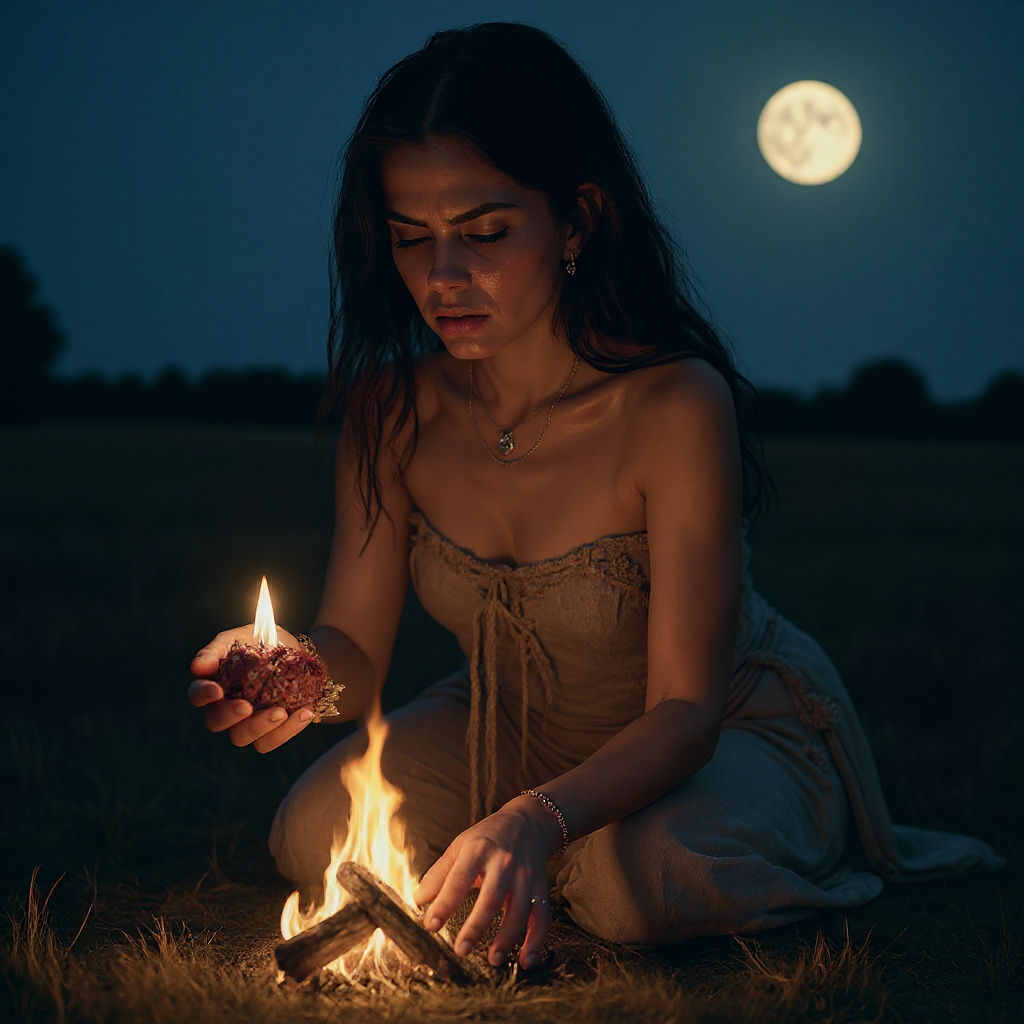 Primal Woman with Heart in Dramatic Night Sky