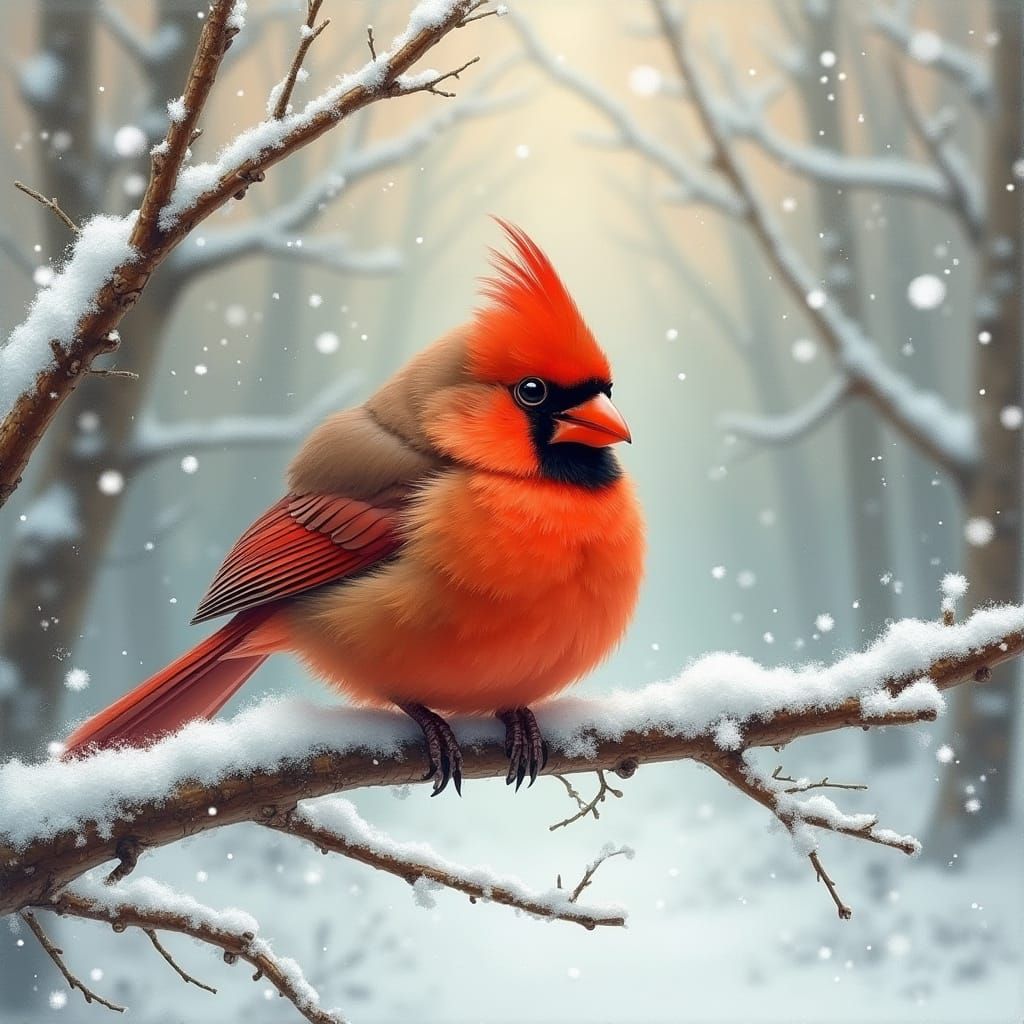 Cardinal in Winter Forest, Impressionist Style