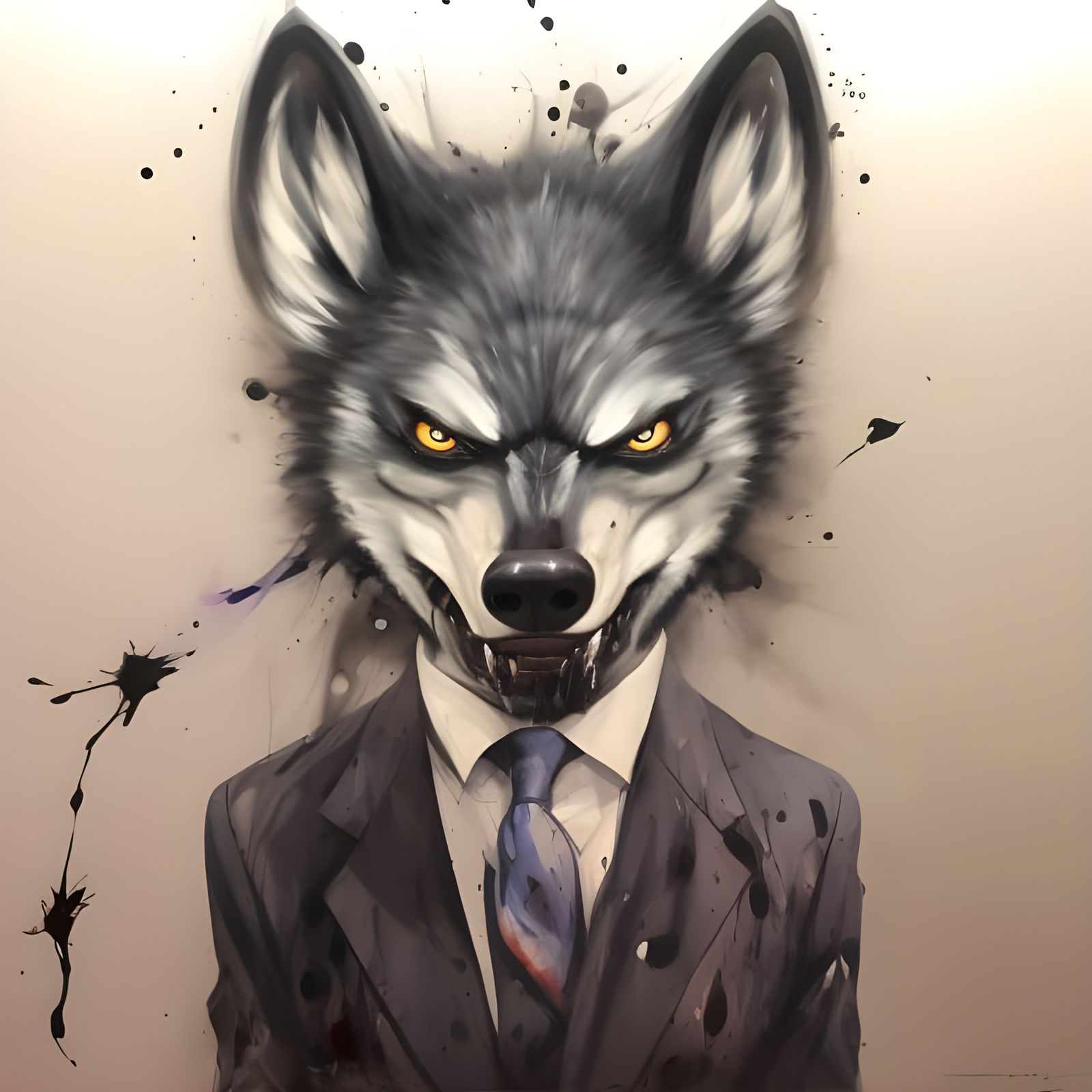 Terrifying Wolf Demon Portrait in Paint Splatter Style