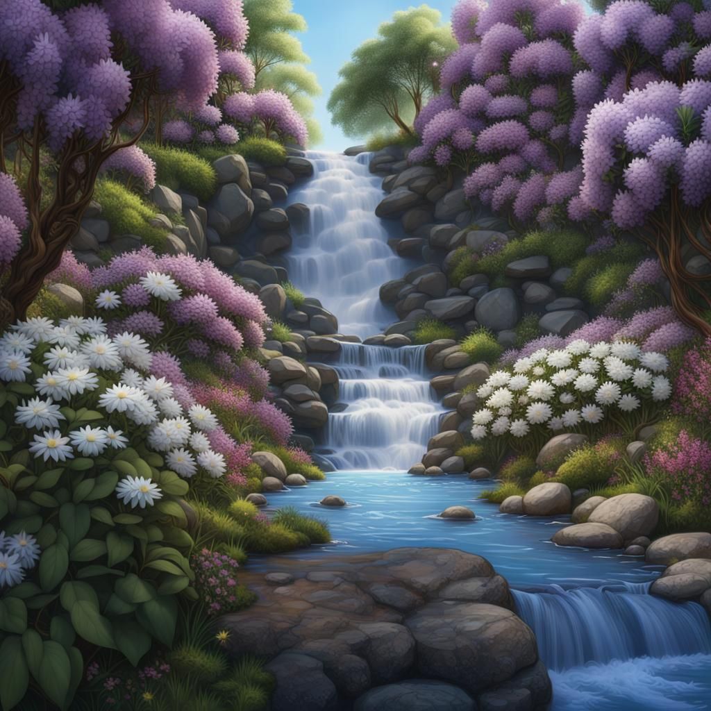 Waterfall Scene with Rhododendrons and Lilacs