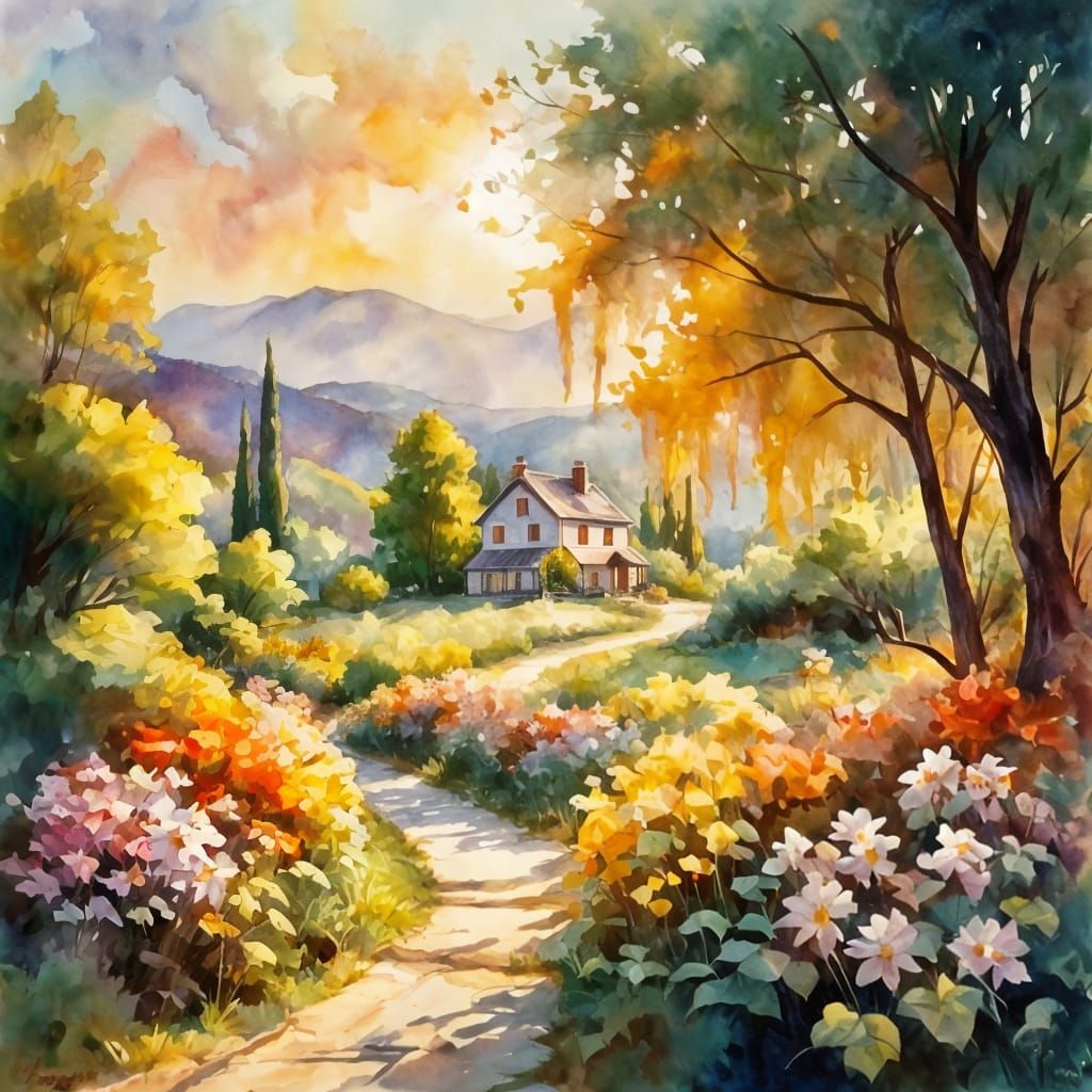 Golden Hour Garden: Watercolor Painting in Garmash Style