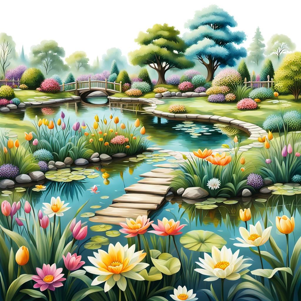 Easter Garden Pond in Hyperrealistic Airbrush Oil