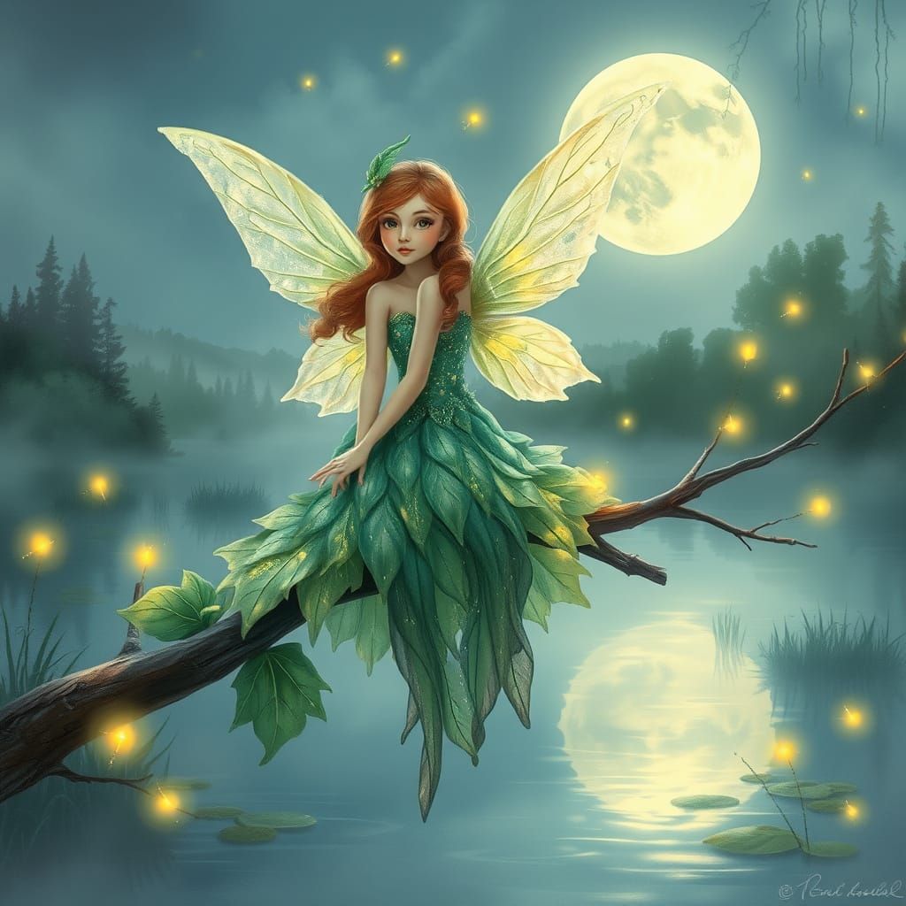Fairy with Glittering Leaf Dress in Dreamy Landscape