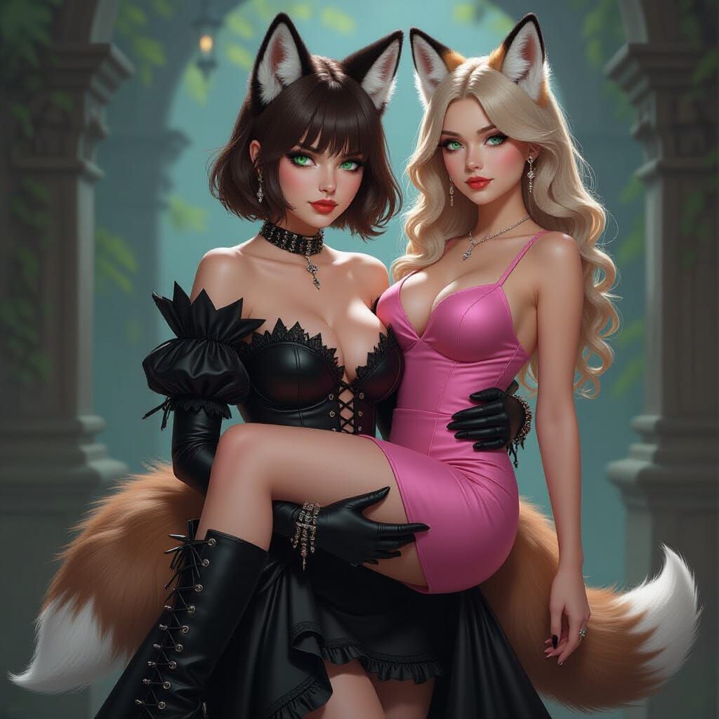 Gothic Woman Carries Woman in Pink Dress, Fantasy Art