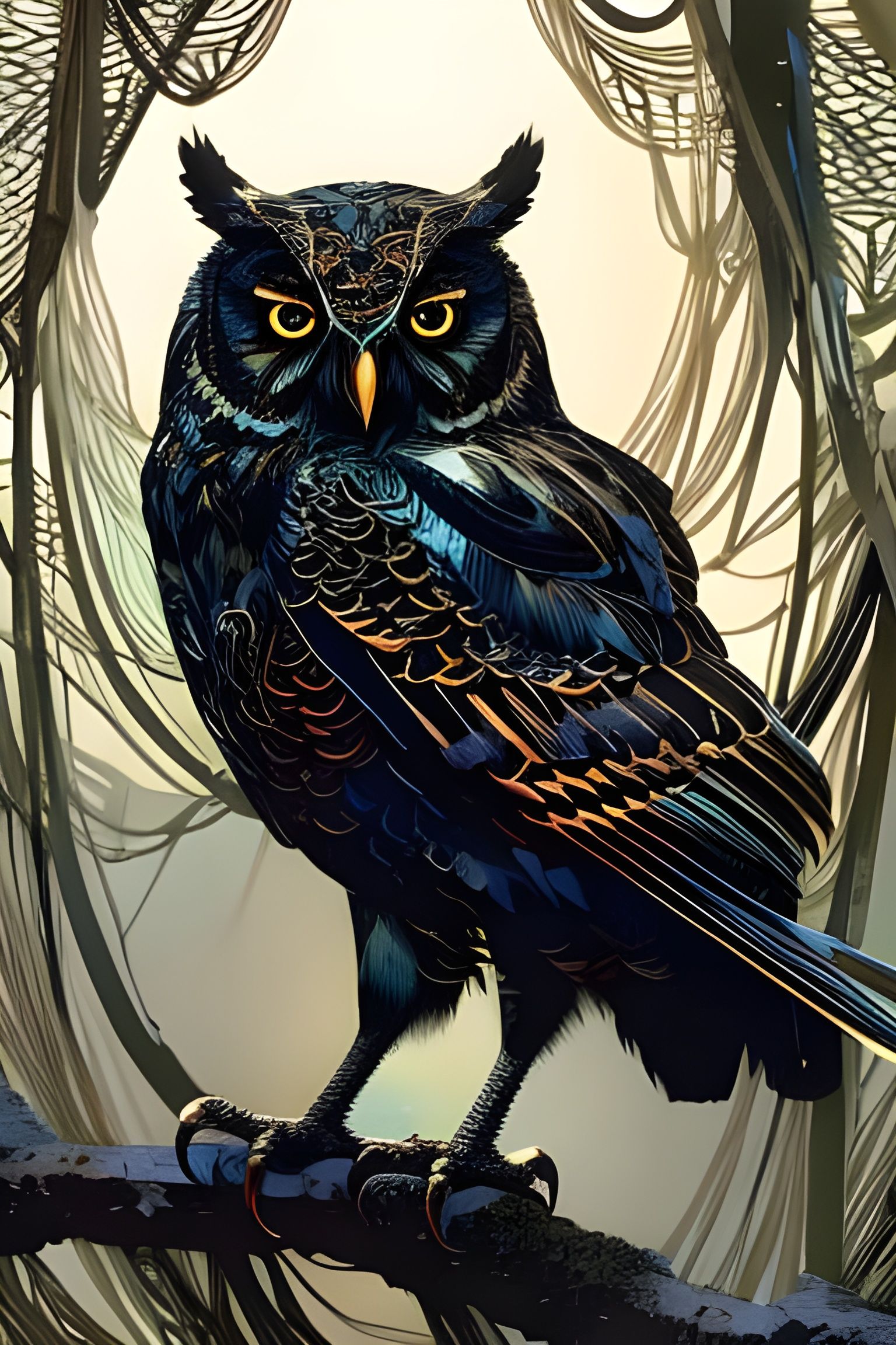 Detailed Black Owl Portrait with Bronze Outlines