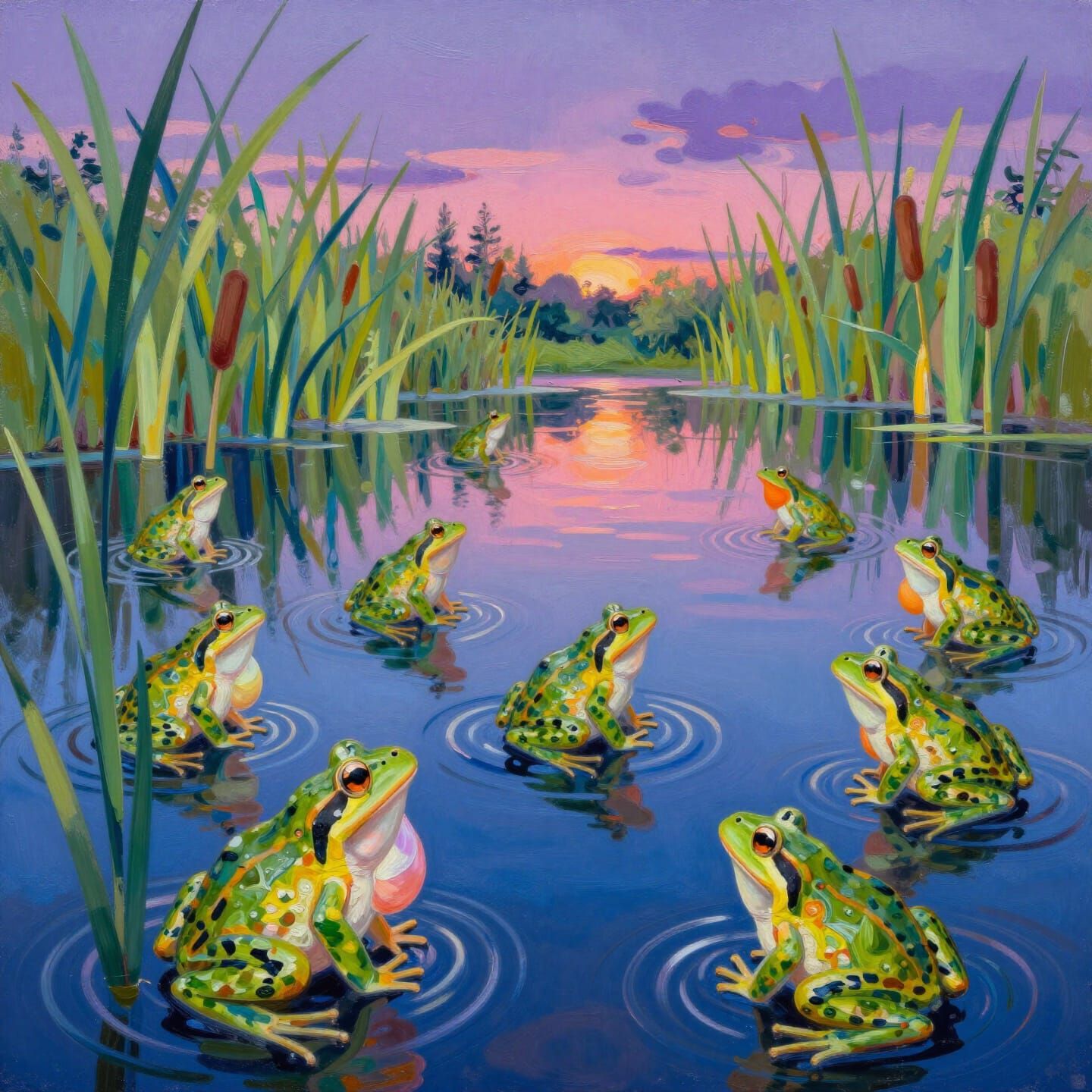 Expressionistic Spring Pond Alive With Frogs at Twilight