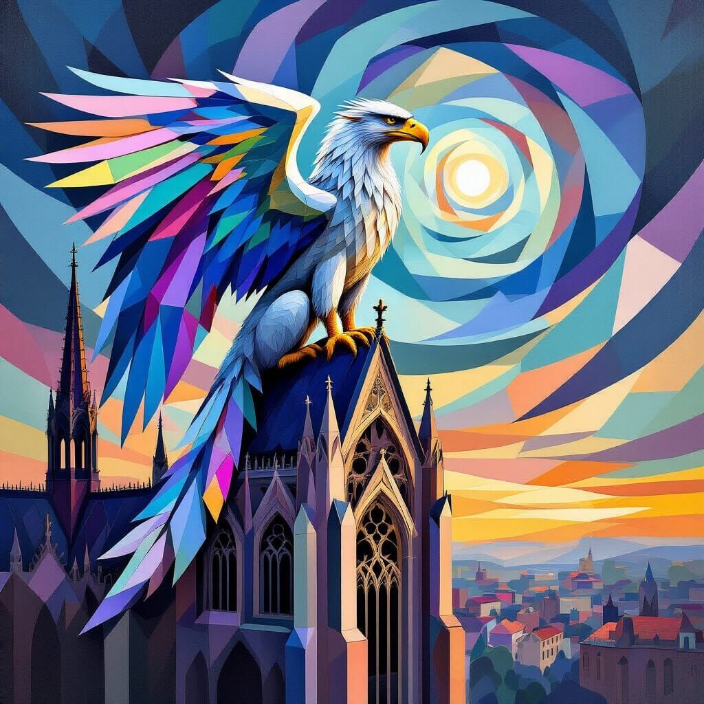 Cubist Griffin Perched Atop Gothic Cathedral