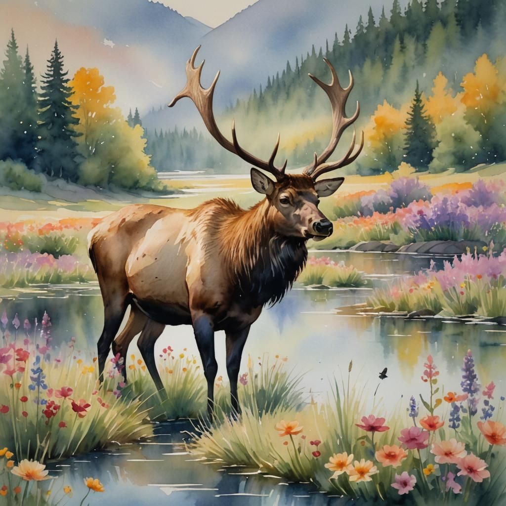 Impressionist Wildlife Scene with Serene Elk and Crow
