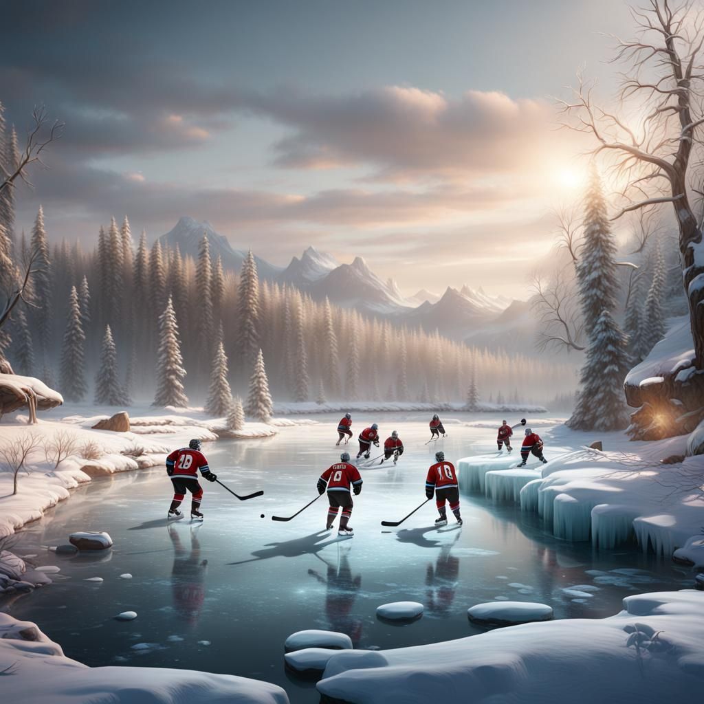 Beavers Play Ice Hockey in Winter River Scape