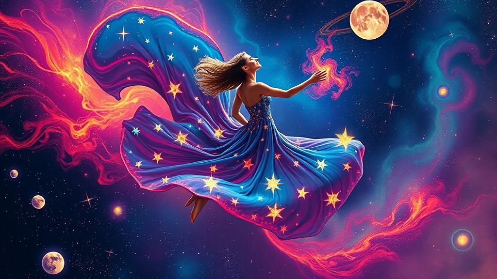 Cosmic Dance: Surreal Woman in Starry Gown