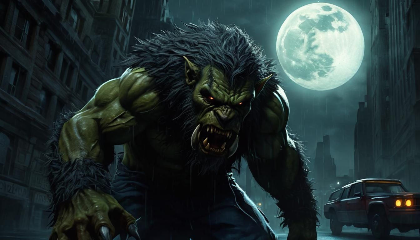 Werewolf Orc Prowls City Streets at Night